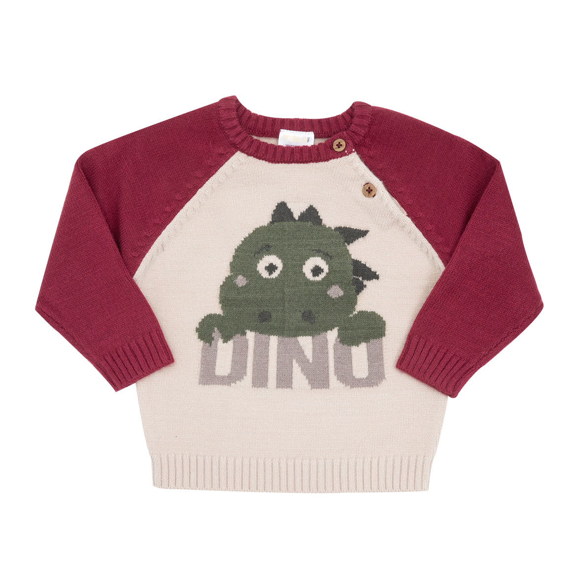 Maglione tricot bimbo bordeaux beige dino girocollo 2 bottoni