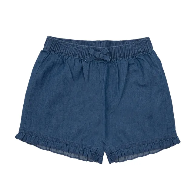 Short bimba denim blu con fiocco elastico