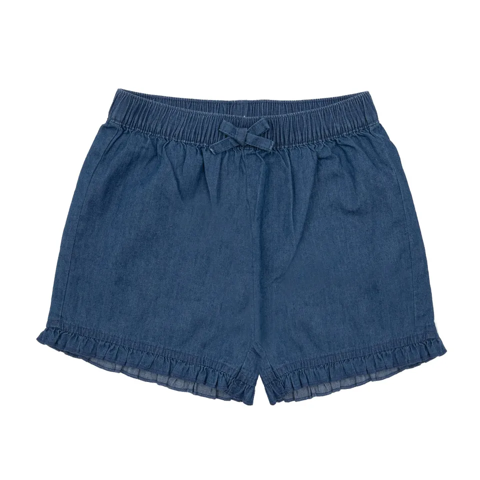Short bimba denim blu con fiocco elastico