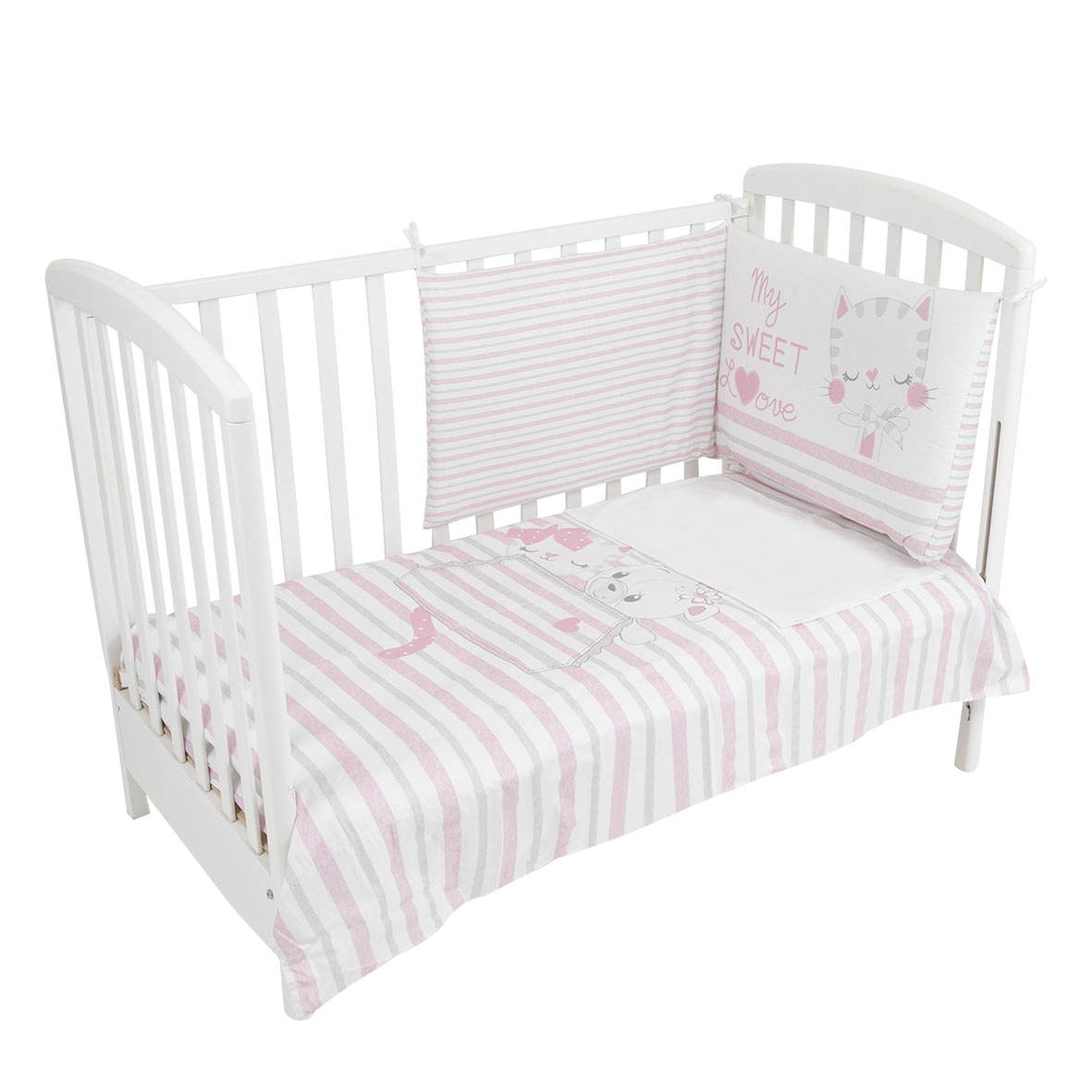 Completo Lettino 3 Pezzi Gatto Rosa Cotone Bimba Federa