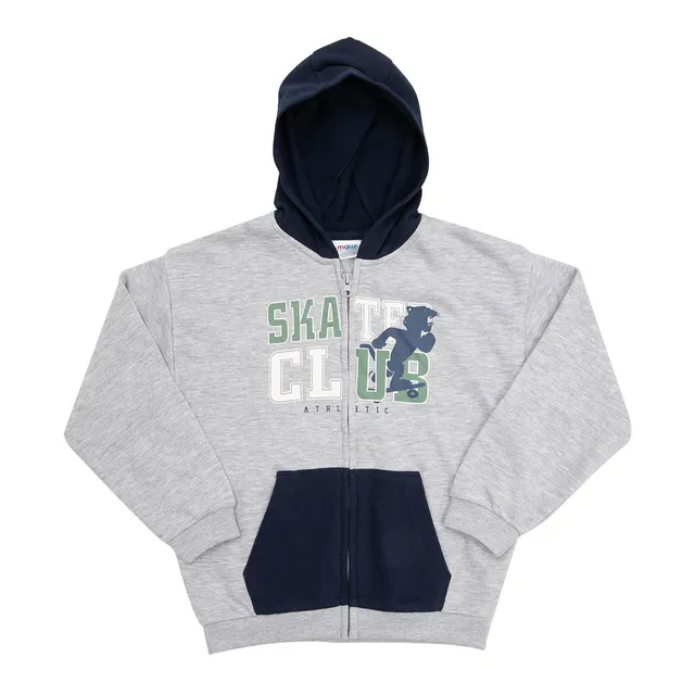 Felpa bimba zip grigio blu con cappuccio stampata