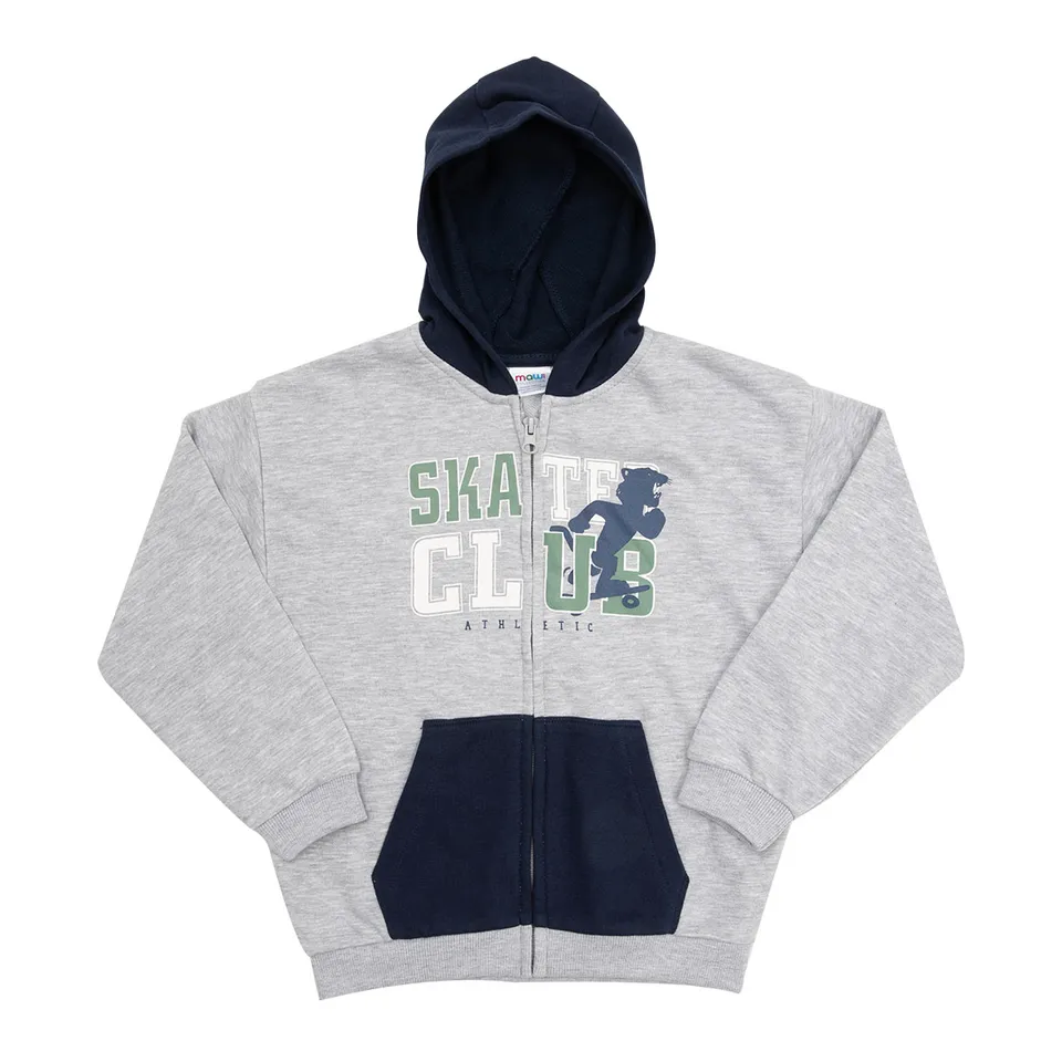 Felpa bimba zip grigio blu con cappuccio stampata