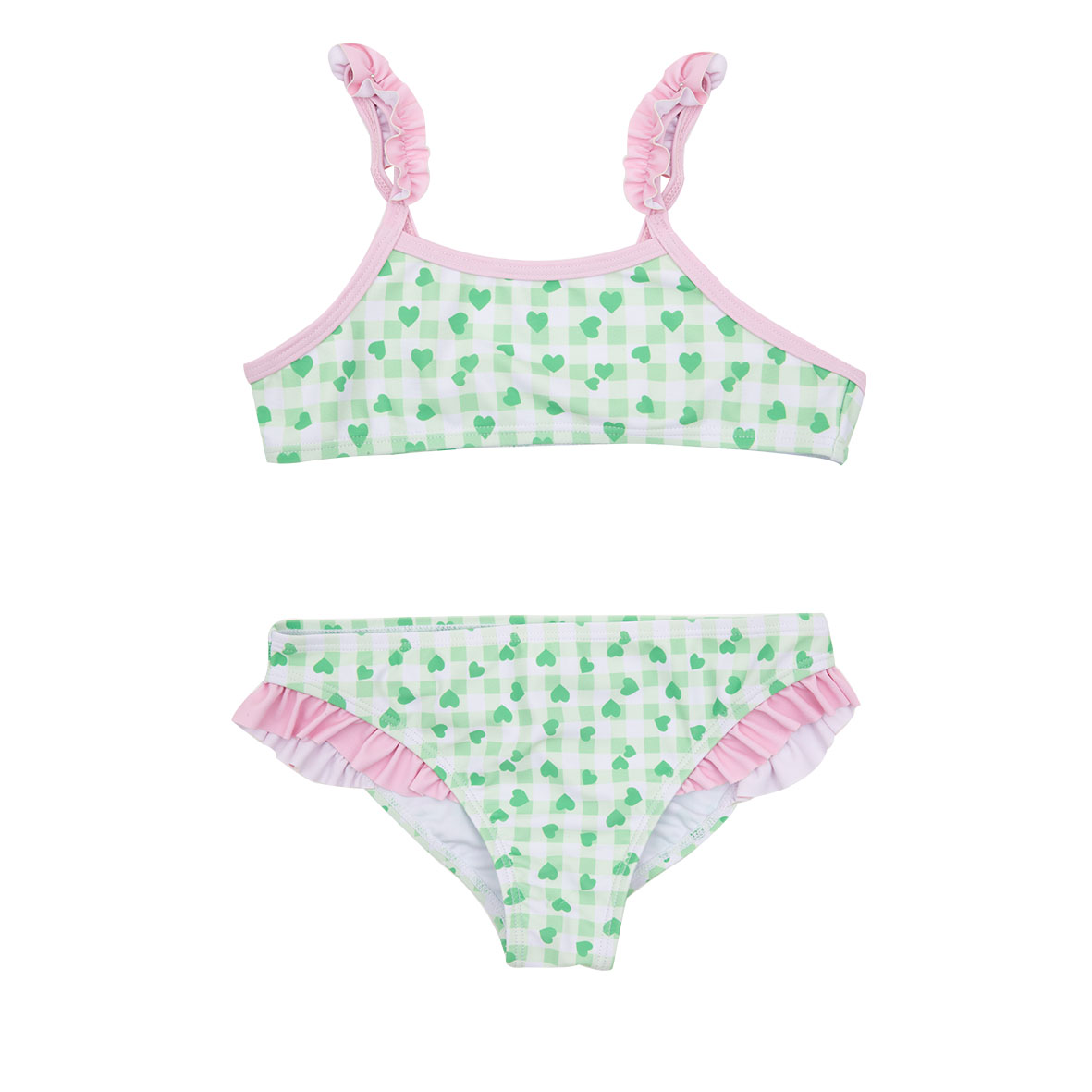 Bikini bimba bianco verde due pezzi con frill quadretti