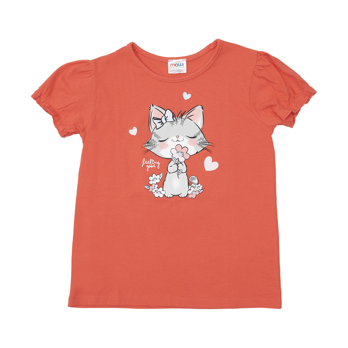 Maglietta jersey bimba corallo manica corta stampa gattino