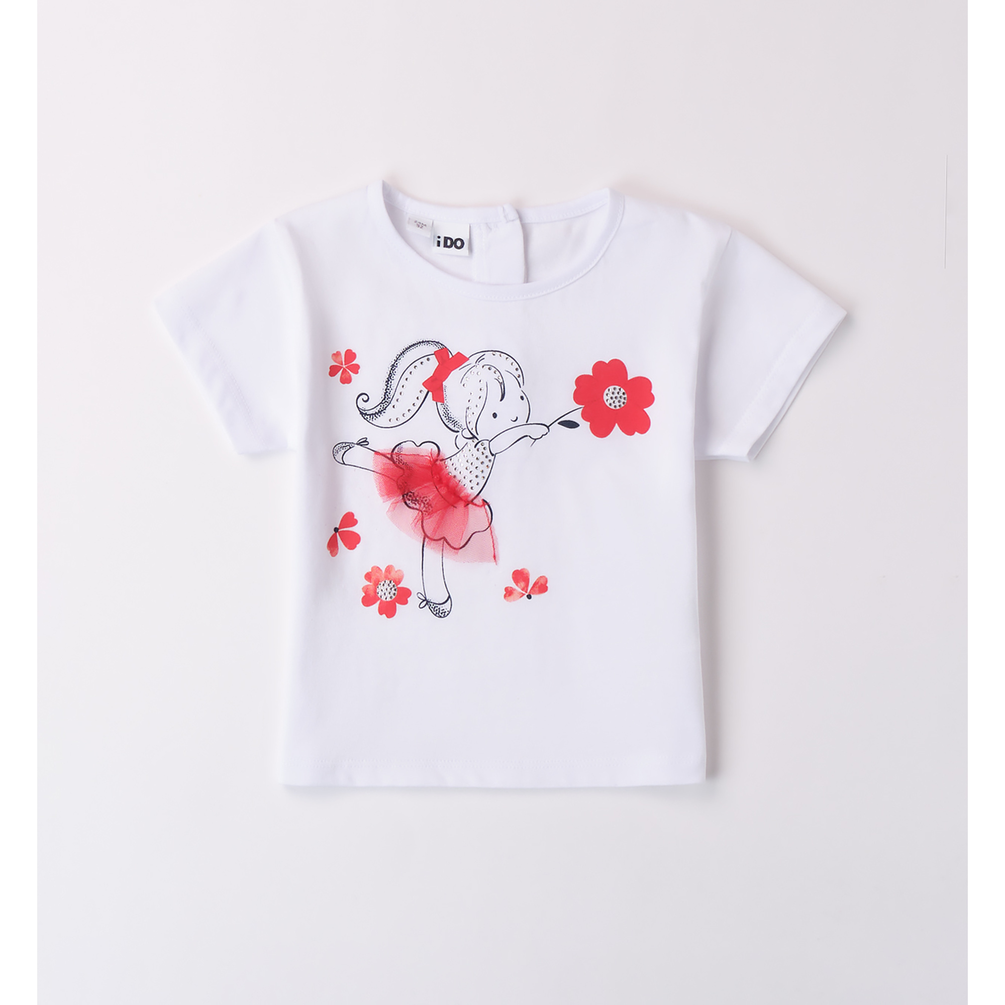 iDO t-shirt bimba bianca cotone con tulle e strass