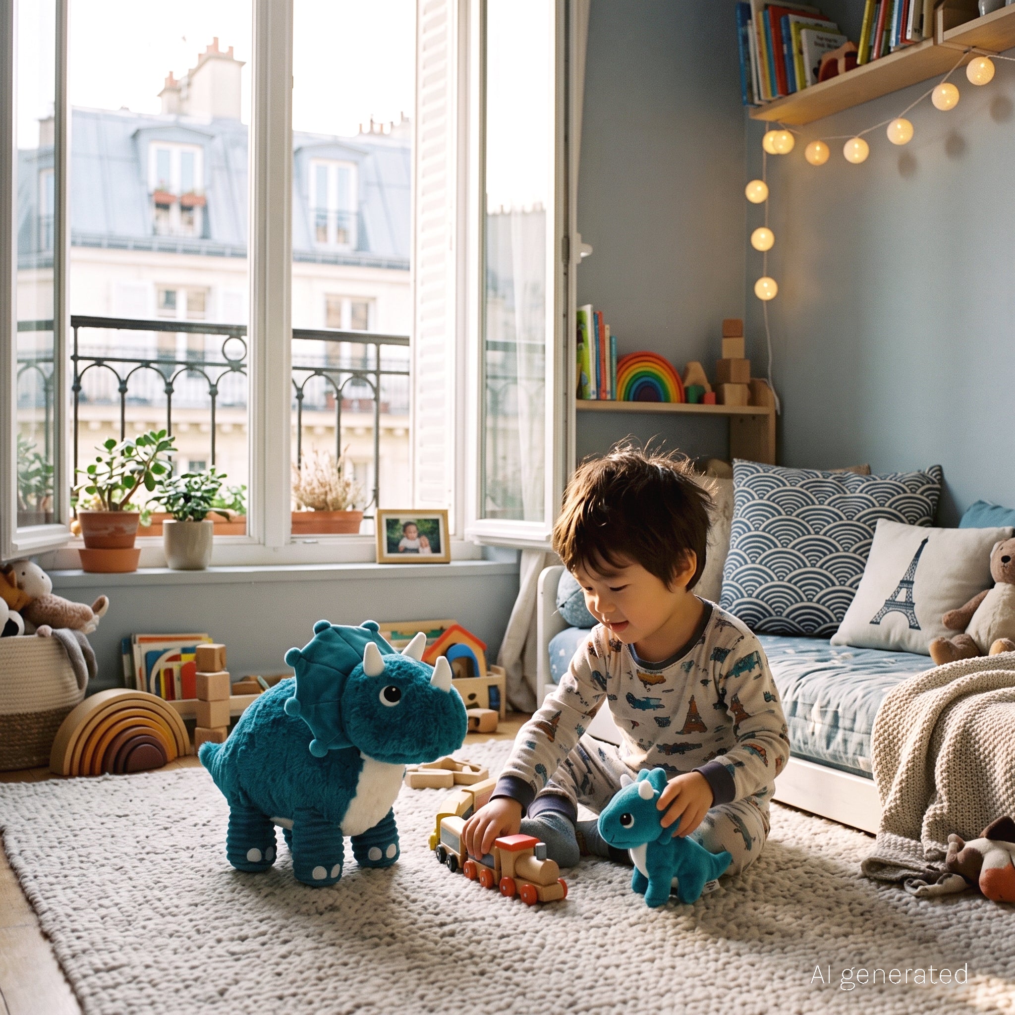 Les Deglingos Ptipotos Penelops peluche dinosauro mamma bebè blu