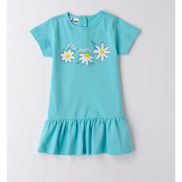iDO abito bambina turchese con 3 margherite in cotone