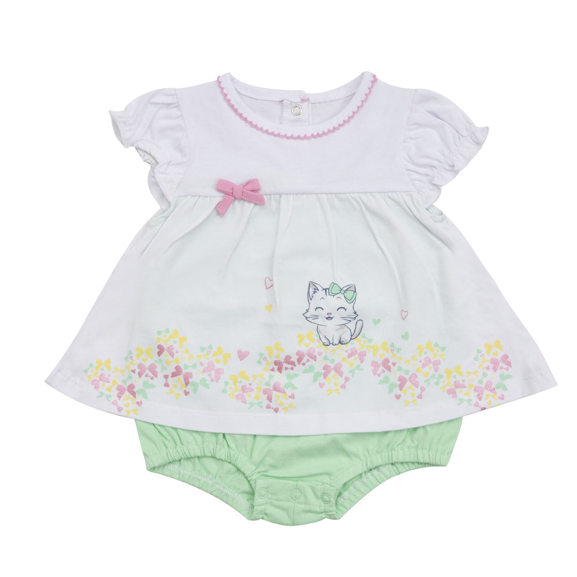 Pagliaccetto jersey bimba bianco gattino fiocchi vestitino