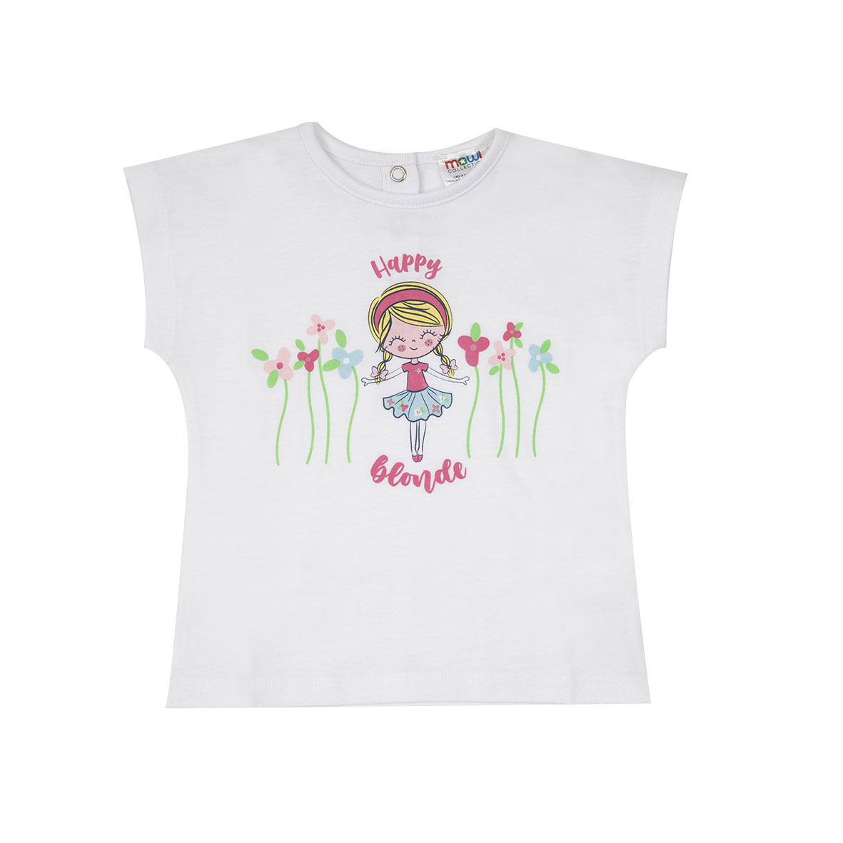 T-shirt Jersey Bimba Bianca con Stampa Bambolina e Bottoni