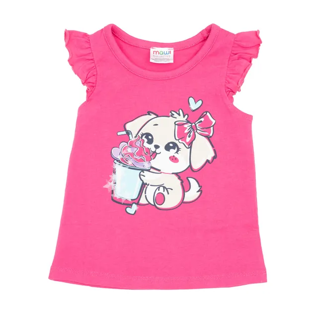 Canotta Bimba Rosa Jersey Stampa Cagnolino Frill