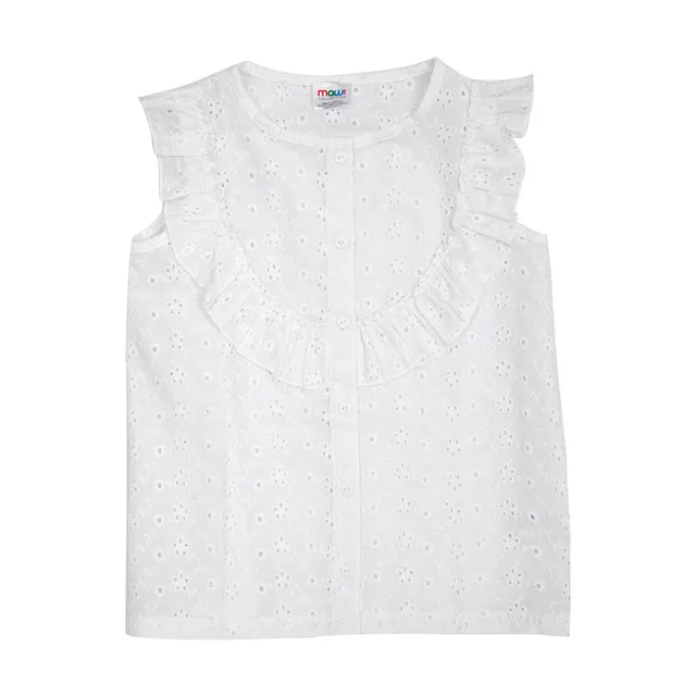 Camicia Sangallo Bambina Bianco Maniche Aleta Cotone