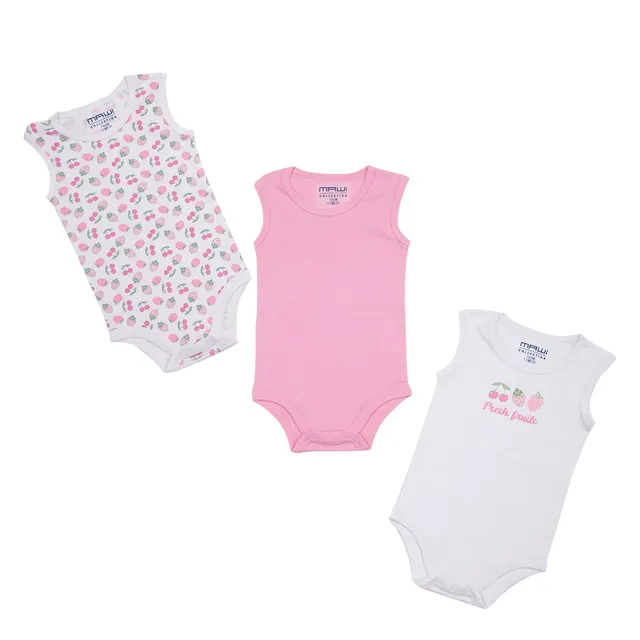 Mawi Body Canotta Neonata Frutta 3 Pezzi Bianco Rosa Cotone